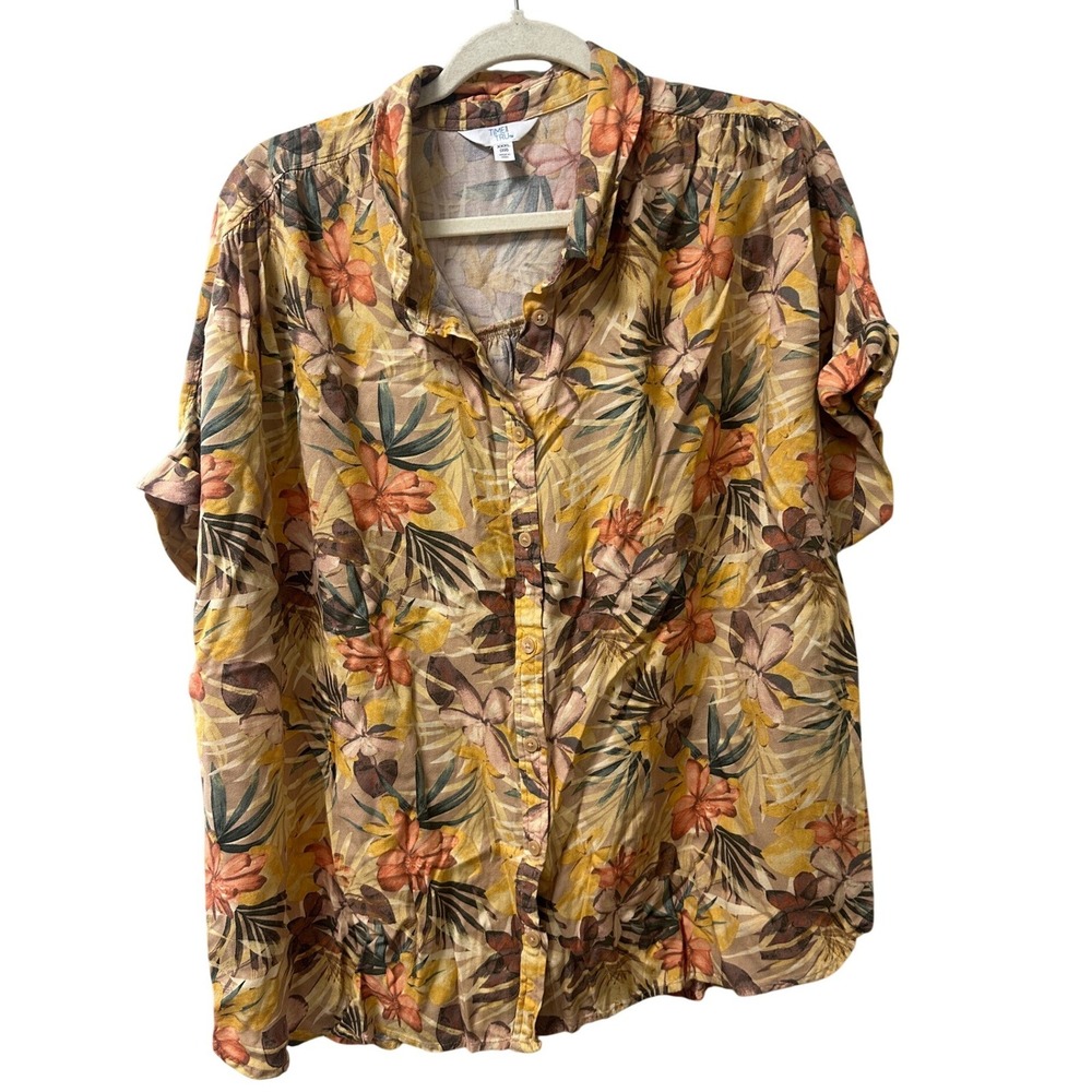 Time‎ and Tru Womens 3XL 22 Tropical Floral Viscose Button Up Camp Shirt Blouse